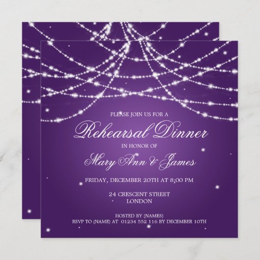 Elegante Probe Abendessen Sparkling Sass Lila Einladung (Vorne/Hinten)