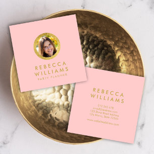 Elegante Profil-Foto-Rosa-Rose und Imitat-Gold Quadratische Visitenkarte