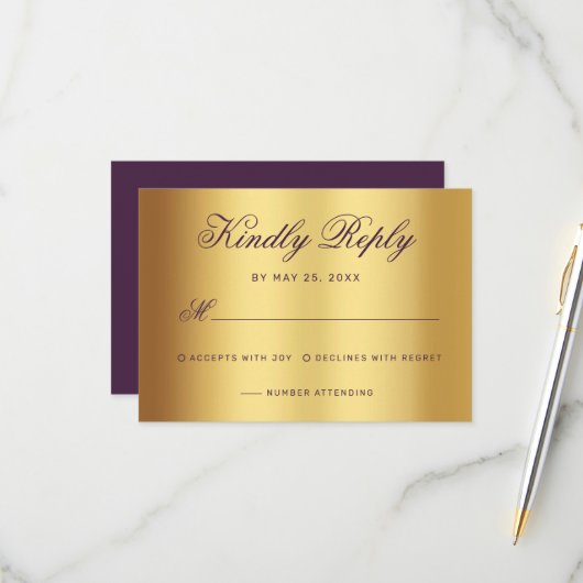 Elegante Pum Gold Script Calligraphy Wedding RSVP Karte (Vorderseite/Rückseite Beispiel)