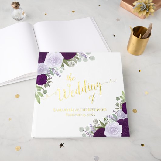 Elegante Pum Lila Boho Rose Hochzeit Gästebuch (Vorderseite Offen)