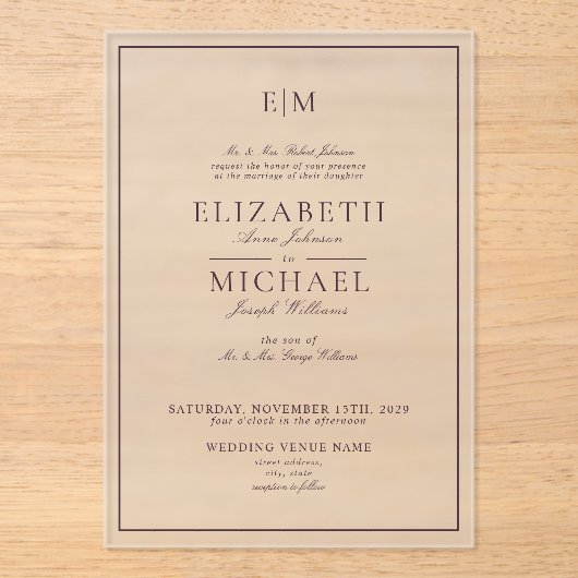 Elegante Pum Lila Classic Monogram Wedding Acryleinladungen (Vorderseite)