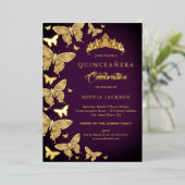 Elegante Pum Lila Gold Butterfly Quinceanera Folieneinladung (Stehend vorne)