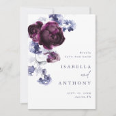 Elegante Pum Lila & Indigo Blue Floral Wedding Save The Date (Vorderseite)