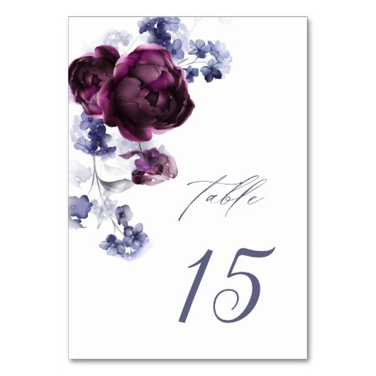 Elegante Pum Lila & Indigo Blue Floral Wedding Tischnummer (Vorderseite)
