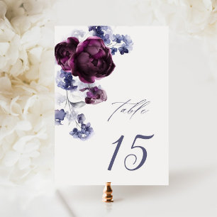 Elegante Pum Lila & Indigo Blue Floral Wedding Tischnummer