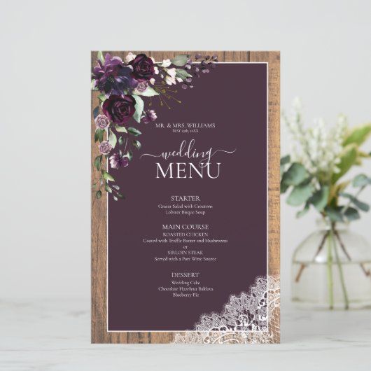 Elegante Pum Lila Rustic Wood Script Wedding (Stehend Vorderseite)