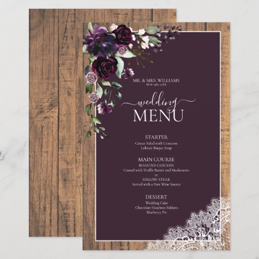 Elegante Pum Lila Rustic Wood Script Wedding (Vorne/Hinten)