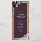 Elegante Pum Lila Rustic Wood Script Wedding Menükarte (Vorderseite)