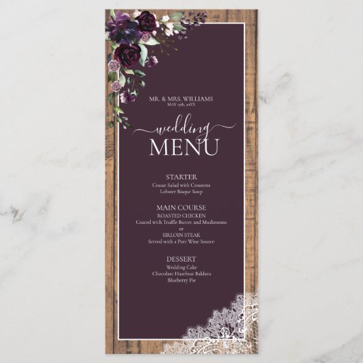 Elegante Pum Lila Rustic Wood Script Wedding Menükarte (Vorderseite)