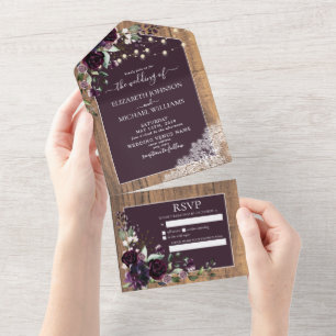 Elegante Pum Lila Rustikale Hochzeit aus Holz All In One Einladung