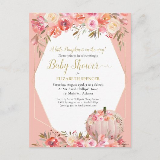 Elegante Pumpkin Baby Dusche Rose Gold Ankündigungspostkarte (Vorderseite)