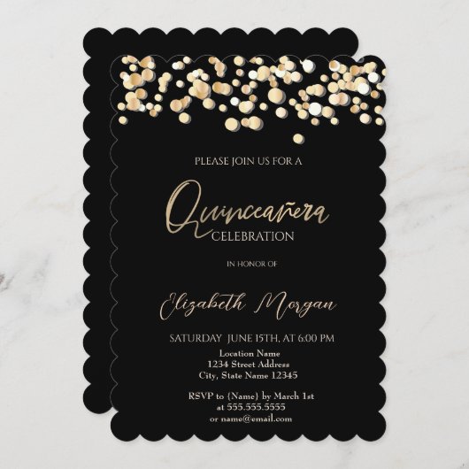 Elegante Punkte, Confetti Black Quinceñera Einladung (Vorne/Hinten)