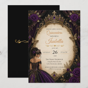 Elegante Purple Black Gold Quinceañera Einladung