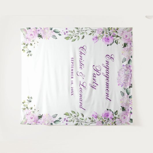 Elegante Purple Flowers Engagement Party Wandteppich (Vorderseite (Horizontal))