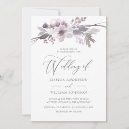 Elegante Purple Flowers Winter Gray Wedding Einladung