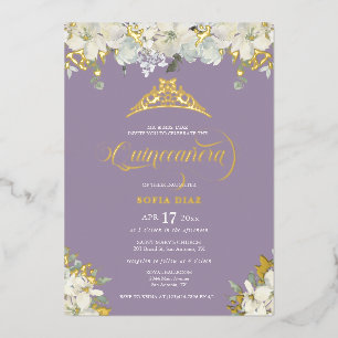 Elegante Purple Quinceañera Floral Gold Folieneinladung