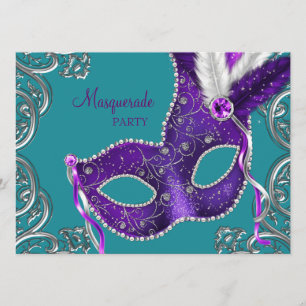 Elegante Purpur- und Türkisblaue Maskenparty Einladung