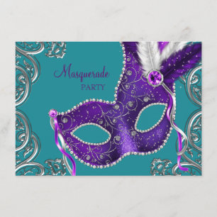 Elegante Purpur- und Türkisblaue Maskenparty Einladung