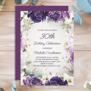 Elegante purpurweiße Blumen-Glitter 30. Geburtstag Einladung