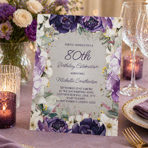 Elegante purpurweiße Blumen-Glitter 80. Geburtstag Einladung