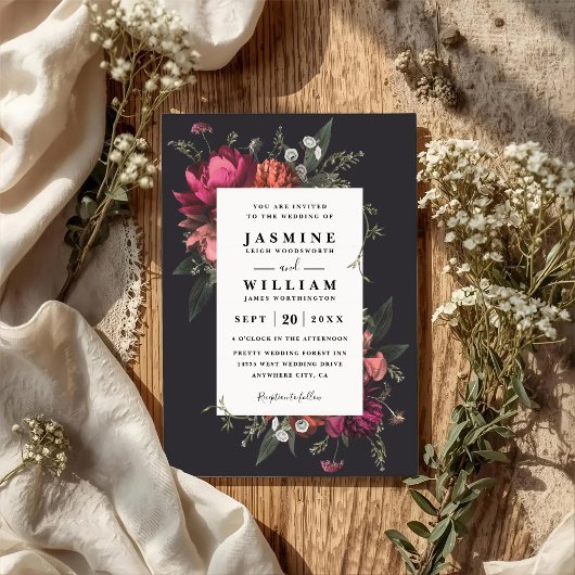 Elegante QR-Code-Hochzeit mit blühenden botanische Einladung