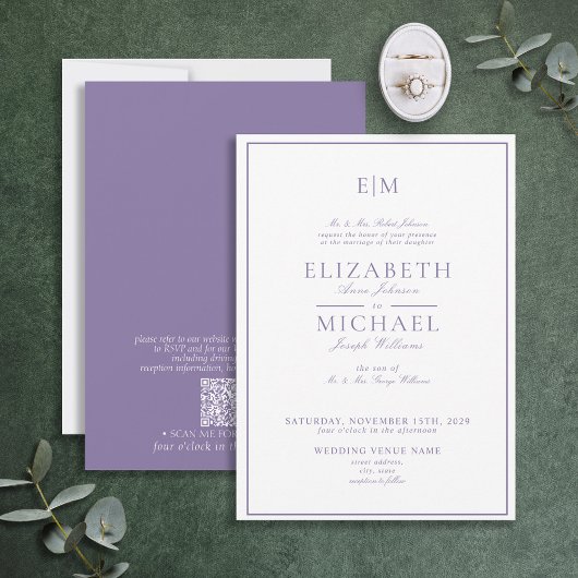 Elegante QR Code Lavender Classic Monogram Wedding Einladung