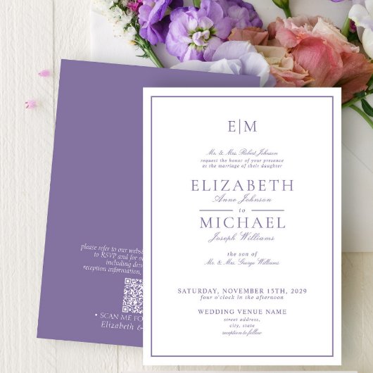 Elegante QR Code Lavender Classic Monogram Wedding Einladung