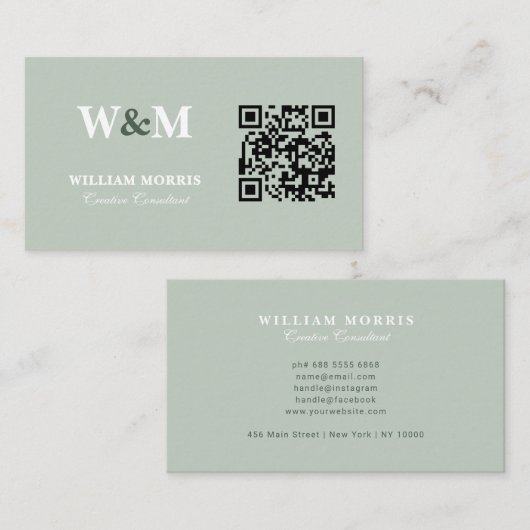Elegante QR-Code-Logo-Vorlage in Salbeigrün Visitenkarte (Vorne/Hinten)