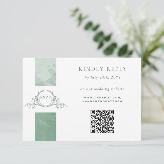 Elegante QR Code UAWG Green Monogram Wedding Begleitkarte (Stehend Vorderseite)