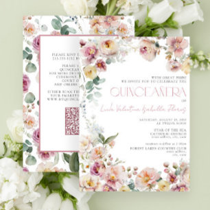 Elegante QR Vintag Blush Pink Floral Quinceañera Einladung