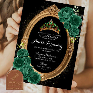 Elegante Quinceanera Black Emerald Green Einladung