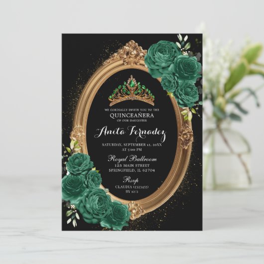 Elegante Quinceanera Black Emerald Green Einladung (Stehend Vorderseite)