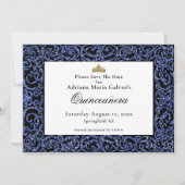 Elegante Quinceanera Blaue Scrollwork Save-The-Dat Save The Date (Vorderseite)