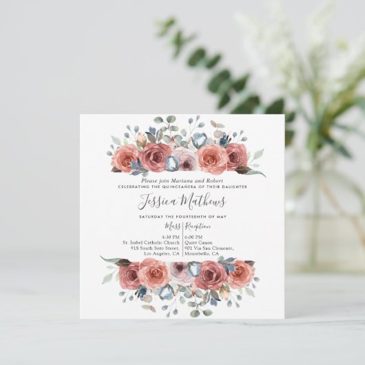 Elegante Quinceanera, Dusty Blue und Blush Einladung (Stehend Vorderseite)