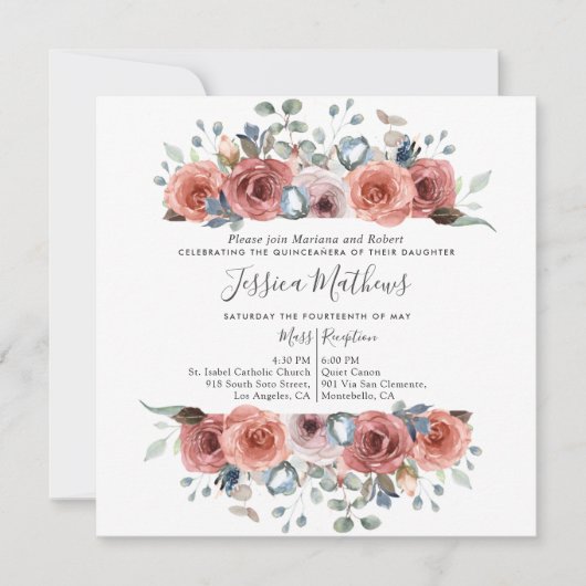 Elegante Quinceanera, Dusty Blue und Blush Einladung (Vorderseite)