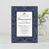 Elegante Quinceanera-Einladung Blaue Ornamentik Einladung (Stehend Vorderseite)