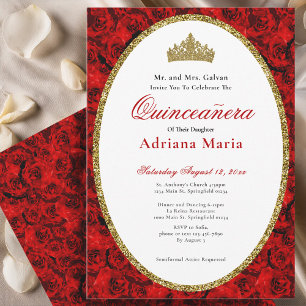 Elegante Quinceanera-Einladung Gold Rot Floral Einladung