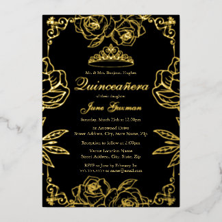 Elegante Quinceañera-Einladung – Schwarze & golden Folieneinladung