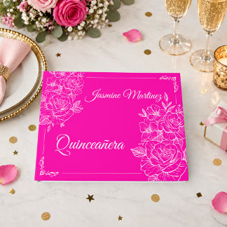 Elegante Quinceañera Fuchsienrosa und Weiße Blumen Gästebuch