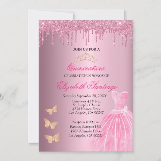 Elegante Quinceañera Glitzer Tropfen in Rosa und G Einladung (Vorderseite)