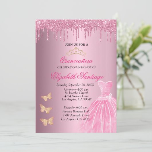 Elegante Quinceañera Glitzer Tropfen in Rosa und G Einladung (Stehend Vorderseite)