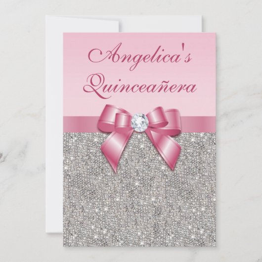 Elegante Quinceañera Imitate Silver Sequins Pink B Einladung (Vorderseite)