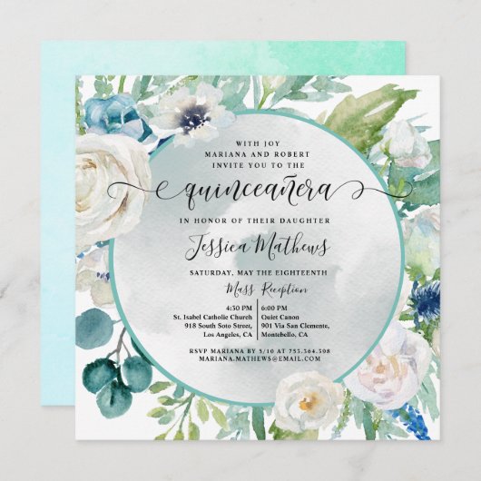 Elegante Quinceañera in Aqua Türkis Aquamarine Blü Einladung (Vorne/Hinten)