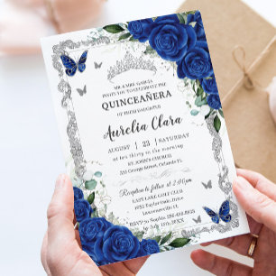 Elegante Quinceañera königsblau floral vintage sil Einladung