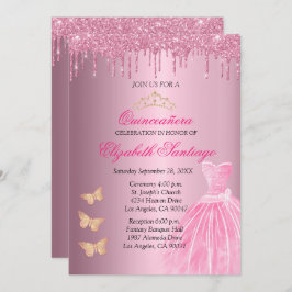 Elegante Quinceañera Pink und Gold Glitzer Tropfen Einladung