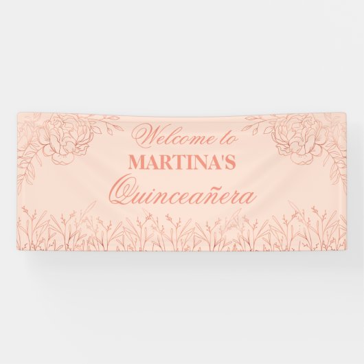 Elegante Quinceanera Rosa Rose Gold Floral Willkom Banner (Horizontal)