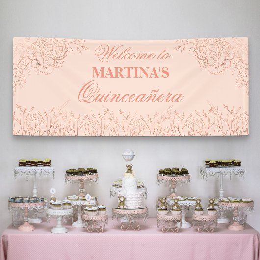 Elegante Quinceanera Rosa Rose Gold Floral Willkom Banner