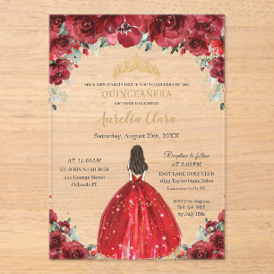 Elegante Quinceañera rote Florale Rosen Prinzessin Acryleinladungen