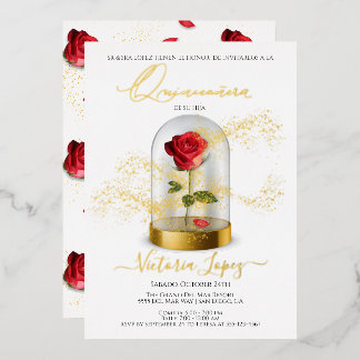 Elegante Quinceañera-Rote Rose auf Spanisch Folieneinladung