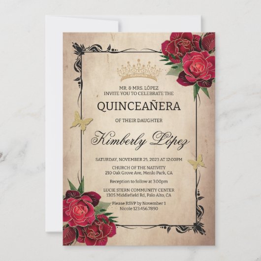 Elegante Quinceanera Rote Rose Einladung (Vorderseite)